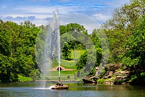 View of lake with Snake Fountain in Sofiyivka park in Uman, Ukraine photo
