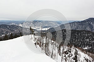 View of Lake Teletskoye from the  Mount Kokuya, Teletsky ski resort, Altai Republic, Russia