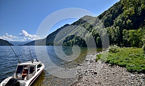 View of Lake Teletskoye surrounded by mountains