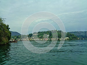 view from the lake to the hotels