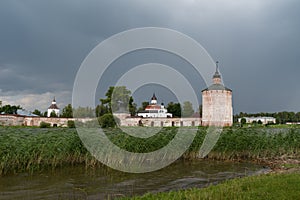 View from lake to Kirillo-Belozersky monastery. Monastery of the Russian Orthodox Church, located within the city of Kirillov