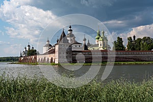 View from lake to Kirillo-Belozersky monastery. Monastery of the Russian Orthodox Church, located within the city of Kirillov,