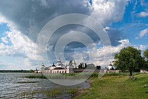 View from lake to Kirillo-Belozersky monastery. Monastery of the Russian Orthodox Church, located within the city of Kirillov,