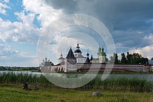 View from lake to Kirillo-Belozersky monastery. Monastery of the Russian Orthodox Church, located within the city of Kirillov,