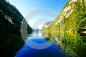 View of Lake Toplitz and the surrounding landscape. Idyllic nature by the lake in Styria