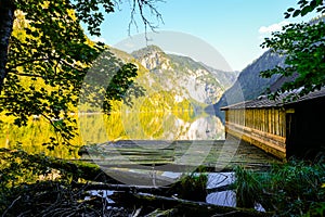 View of Lake Toplitz and the surrounding landscape. Idyllic nature by the lake in Styria