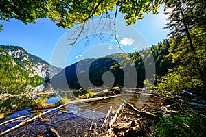 View of Lake Toplitz and the surrounding landscape. Idyllic nature by the lake in Styria