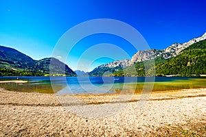 View of Lake Toplitz and the surrounding landscape. Idyllic nature by the lake in Styria