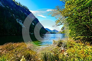 View of Lake Toplitz and the surrounding landscape. Idyllic nature by the lake in Styria