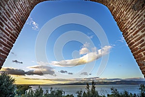 View of Lake Trasimeno from the Borgo d`Italia in Castiglione del Lago Italy