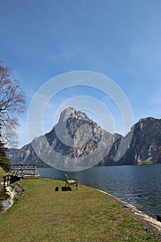 View of Lake Traunsee and surrounding mountains. Austria.