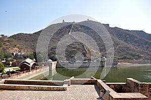 View of lake UNESCO World Heritage site Amber Fort Jaipur India