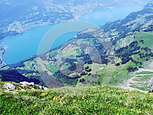 A view of Lake Walensee from the ChÃ¤serrugg peak in the Churfirsten mountain range