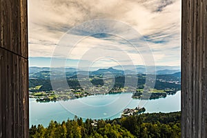 View at Lake Worthersee and Klagenfurt city from pyramidenkogel tower