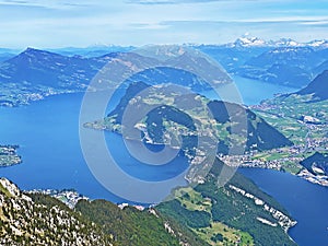 View of Lakes Lucerne or VierwaldstÃ¤ttersee / Vierwaldstaettersee or Vierwaldsattersee and Alpnachersee from the Pilatus mountain