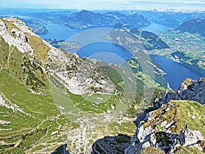View of Lakes Lucerne or VierwaldstÃ¤ttersee / Vierwaldstaettersee or Vierwaldsattersee and Alpnachersee from the Pilatus mountain
