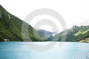 View landscape of Apls mountain and Vernagt-Stausee Lake in Vernago village