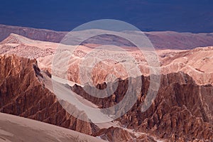 View of the landscape of the Atacama Desert. The rocks of the Mars Valley Valle de Marte and Cordillera de la Sal, Atacama photo