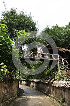 View landscape of Baan Huay Nam Sai and antique classic vintage retro wooden house home with local street market for travelers