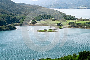 View of landscape with Chinese pavilion at High Island Reservoir