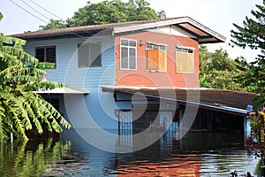 View landscape cityscape countryside of Bang Bua Thong city while water flood vintage wood home and inundation retro wooden house