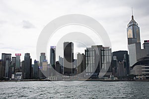 View landscape and cityscape of Hong Kong island from Star Ferry crossing Victoria Harbour at Kowloon island