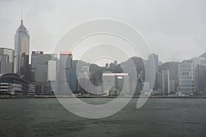 View landscape and cityscape of Hong Kong island from Star Ferry crossing Victoria Harbour at Kowloon island