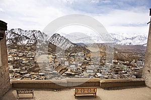 View landscape and cityscape of Leh Ladakh Village with Himalaya mountain range from viewpoint of Leh Stok Palace while winter