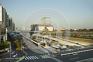 View landscape and cityscape of Odaiba downtown and rainbow bridge in Ariake town at Koto city in Tokyo, Japan