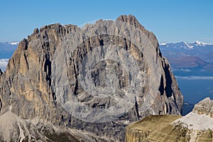 View of the landscape of the Dolomites mountains and Sasso Sella from Sass Pordoi, Italy