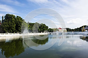 View landscape gardening park and antique classic building and ancient architecture of Bang Pa In Royal Palace for thai people and