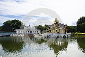 View landscape gardening park and antique classic building and ancient architecture of Bang Pa In Royal Palace for thai people and