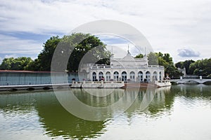 View landscape gardening park and antique classic building and ancient architecture of Bang Pa In Royal Palace for thai people and