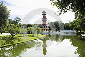 View landscape gardening park and antique classic building and ancient architecture of Bang Pa In Royal Palace for thai people and