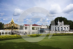 View landscape gardening park and antique classic building and ancient architecture of Bang Pa In Royal Palace for thai people and