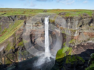View of the landscape of the Haifoss waterfall in Iceland. Nature and adventure concept