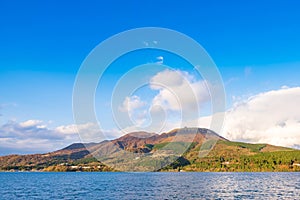 View of the landscape at lake Ashi in Hakone, Japan. Copy space