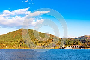 View of the landscape at lake Ashi in Hakone, Japan. Copy space