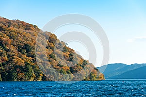 View of the landscape at lake Ashi in Hakone, Japan. Copy space for text.