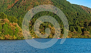 View of the landscape at lake Ashi in Hakone, Japan. Copy space for text.