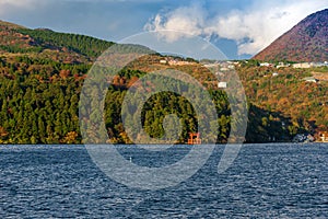 View of the landscape at lake Ashi in Hakone, Japan. Copy space for text.