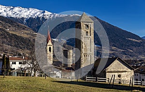 View landscape of Malles Venosta village, Trentino Alto Adige, South Tyrol, Italy