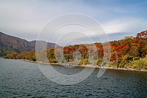 View of Landscape mountain and forest chang color leaf at Lake Ashi in Autumn season Japan