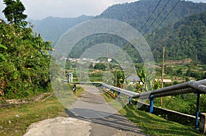 View landscape mountain and water and gas pipe line transfer to Raja Berneh city valley village hill for indonesian use in Sibayak