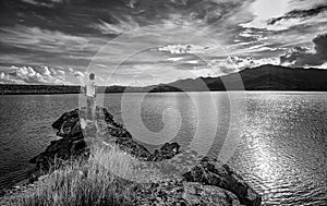 View of landscape nature and river with man relaxation, Black and white and monochrome style