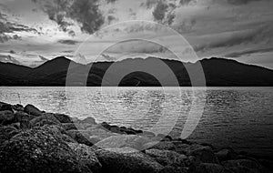 View of landscape nature in sky storm and river in rain season, Black and white and monochrome style