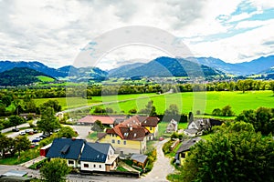 View of the landscape near Trautenfels Castle near Liezen in Styria.