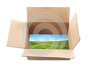 View of landscape through open cardboard packaging on white background. Concept of creative ideas, innovations and solutions. Thin