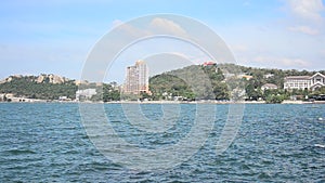 View landscape and seascape Bangsan beach with view Khao Sam Muk mountain