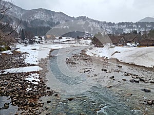 The view of landscape shirakawago river in winter